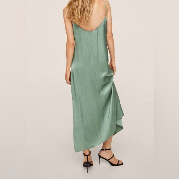 NWT,Mango MNG, Green Dress Elegant Green Satin Slip Dress,Side Splits,Size L - Picture 4 of 14
